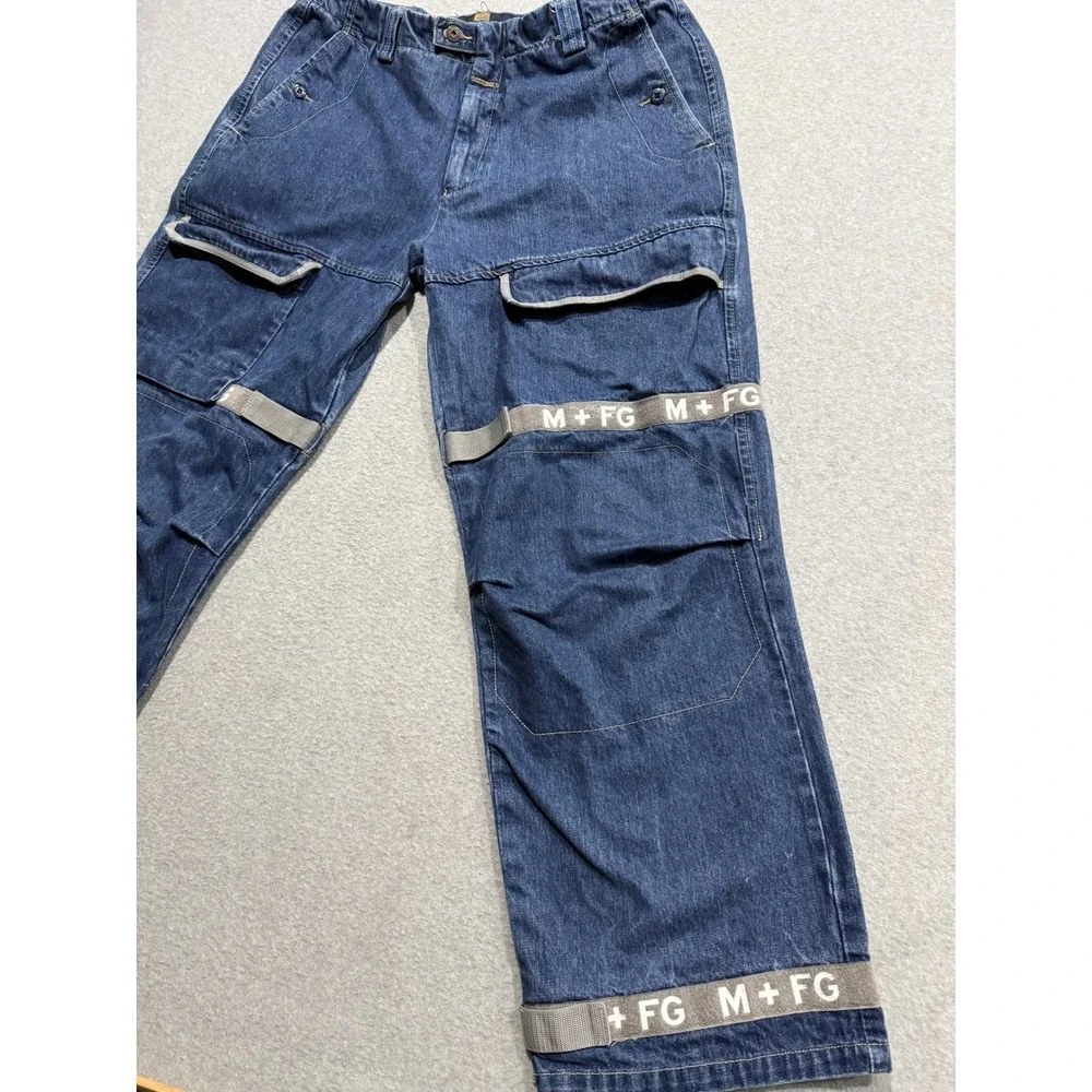 Marithe Francois Girbaud Mens 40M Blue Cargo Jeans Wide Leg Logo Straps Y2K 90s